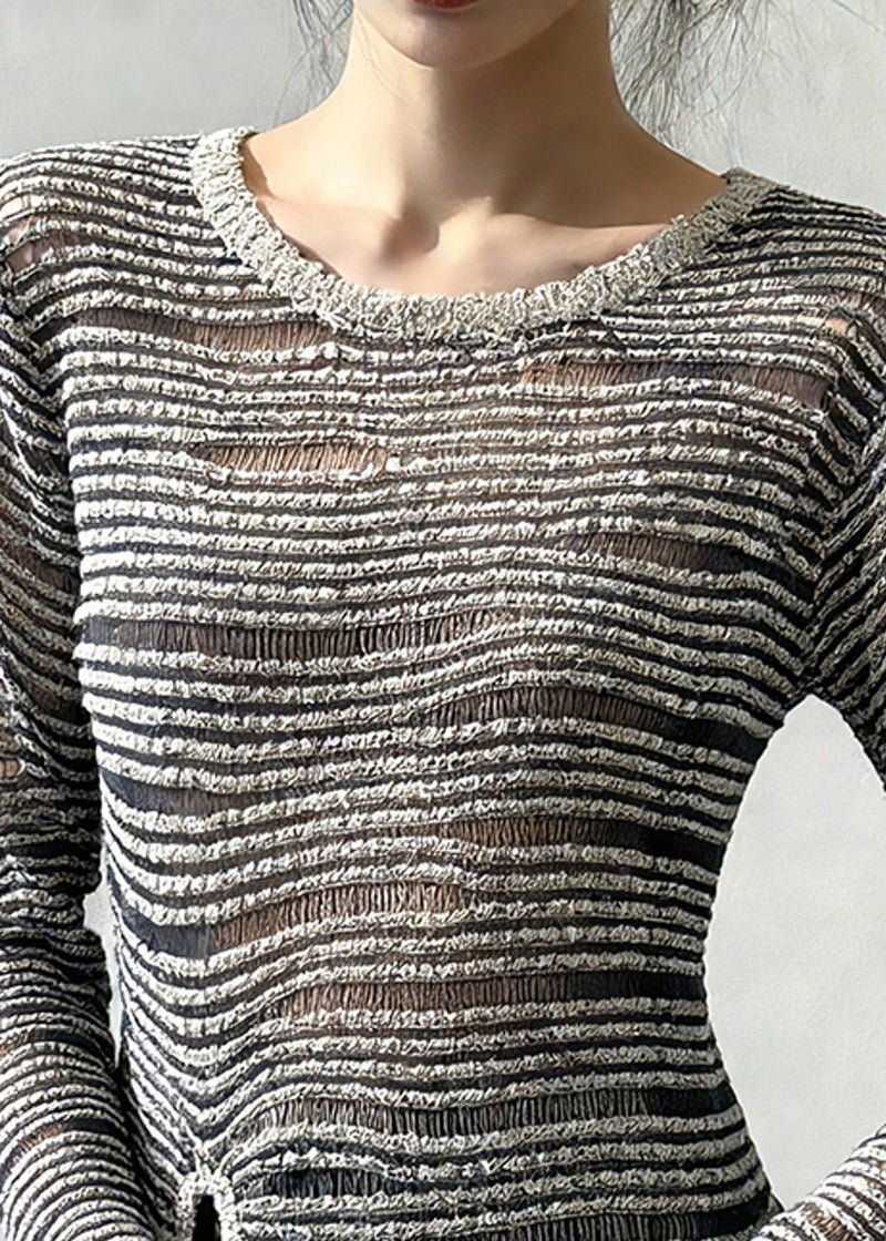 Grey Striped Cinched Knit Sweaters Spring
