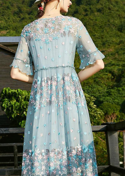 Blue O-neck Embroidered Ruffled Silk Vacation Dresses Short Sleeve