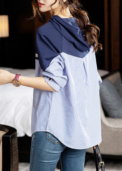 Style Striped Hooded Patchwork Cotton Shirt Long Sleeve