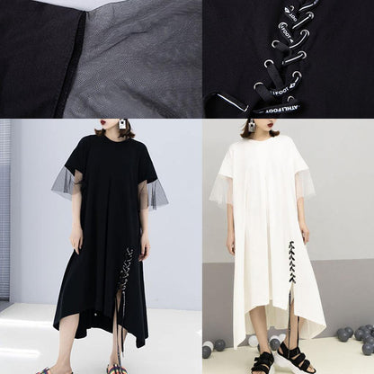 French Black Cotton Wardrobes Side Open Drawstring Cotton Robes Summer Dresses