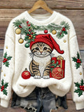 Christmas Cute Cat Art Embroidery Women's Cozy Plush Sweater elevenforest