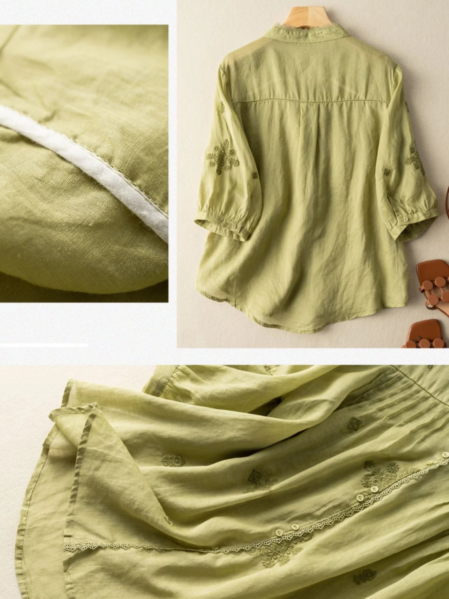Embroidered V Neck 3/4 Sleeve Linen Shirt Top