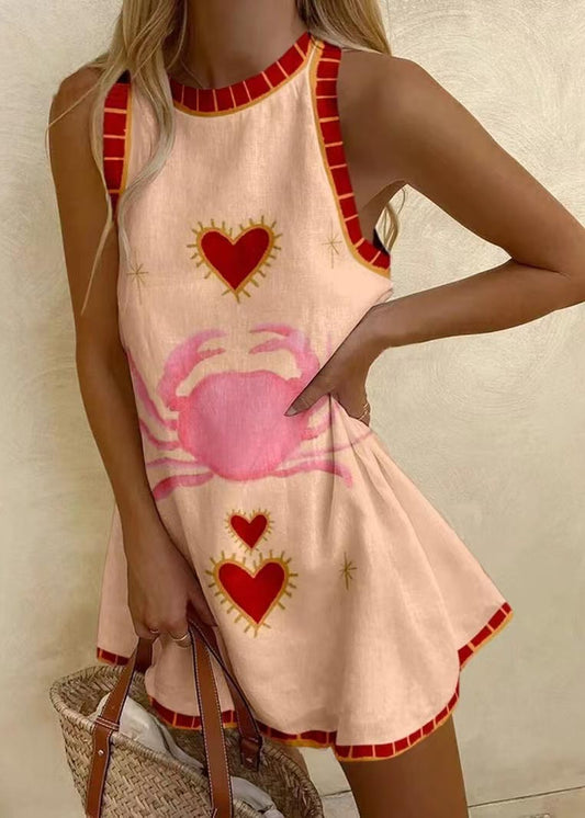 Print Linen a Line Mini Dress Sleeveless