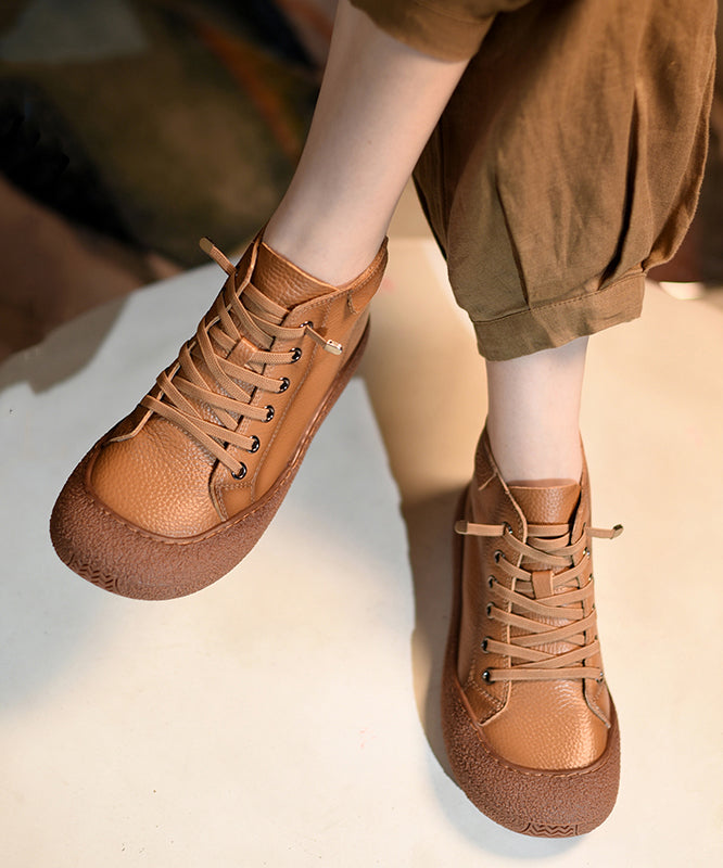 Brown Boots Cowhide Leather Splicing Cross Strap