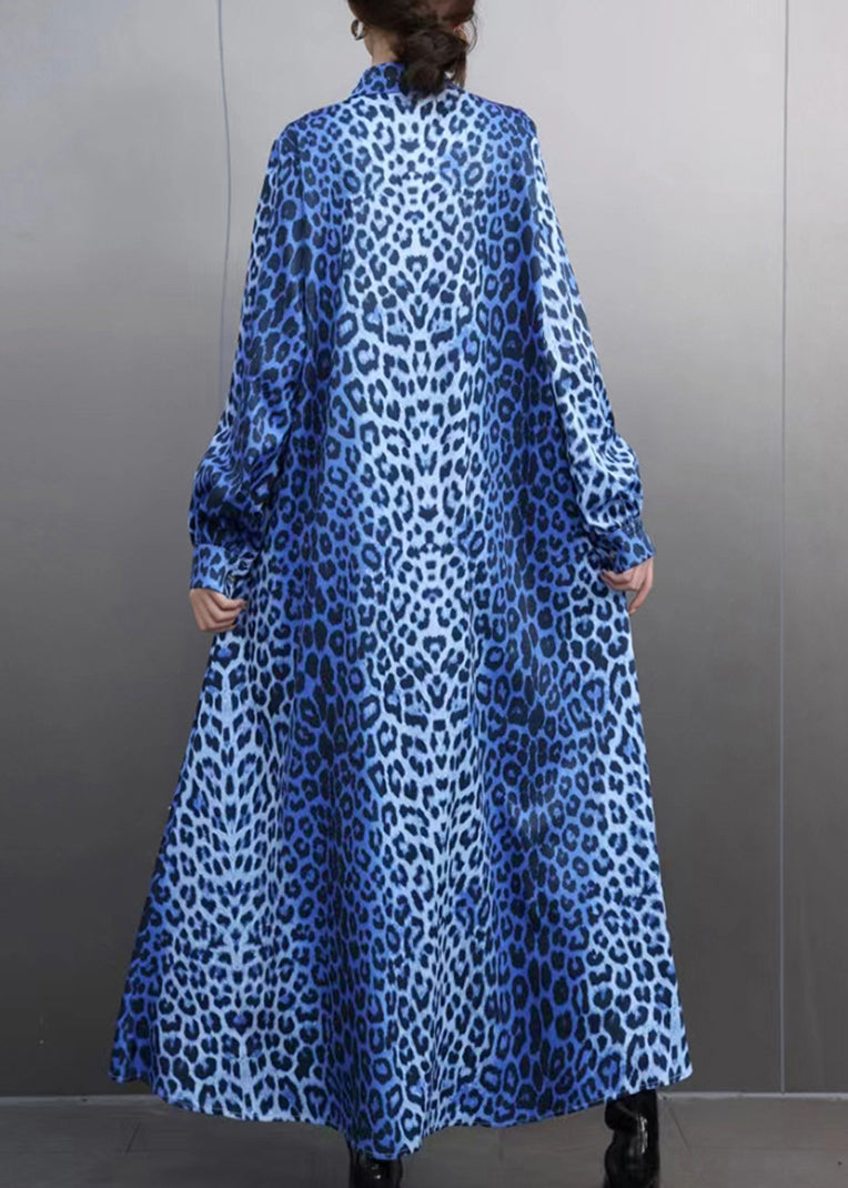 Blue Leopard Peter Pan Collar Maxi Shirts Dress Spring