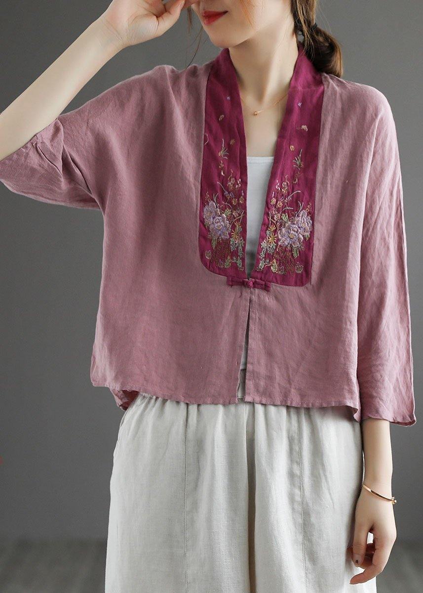 Purple Retro Embroideried Patchwork Summer Linen Blouse