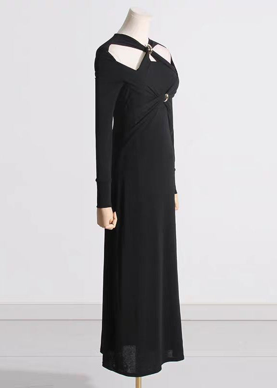 Italian Black Hollow Out Patchwork Cotton Long Dress Fall