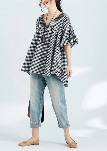 Art V Neck Butterfly Sleeve Linen Tops Indian Work Black Plaid Daily Tops
