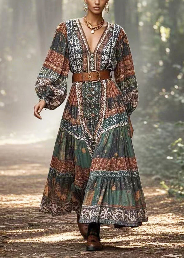 Dark Green Cinched Print Cotton Long Dress Spring