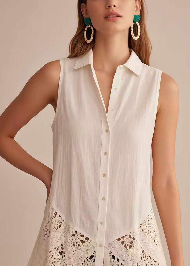 Classy White Hollow Out Patchwork Cotton Shirt Top Sleeveless
