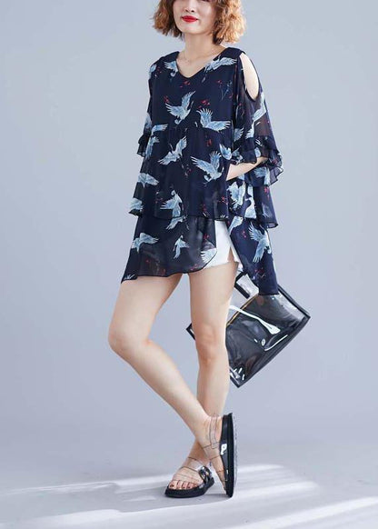 Navy Print Chiffon Dresses Outfits V Neck Ruffles Summer Dresses