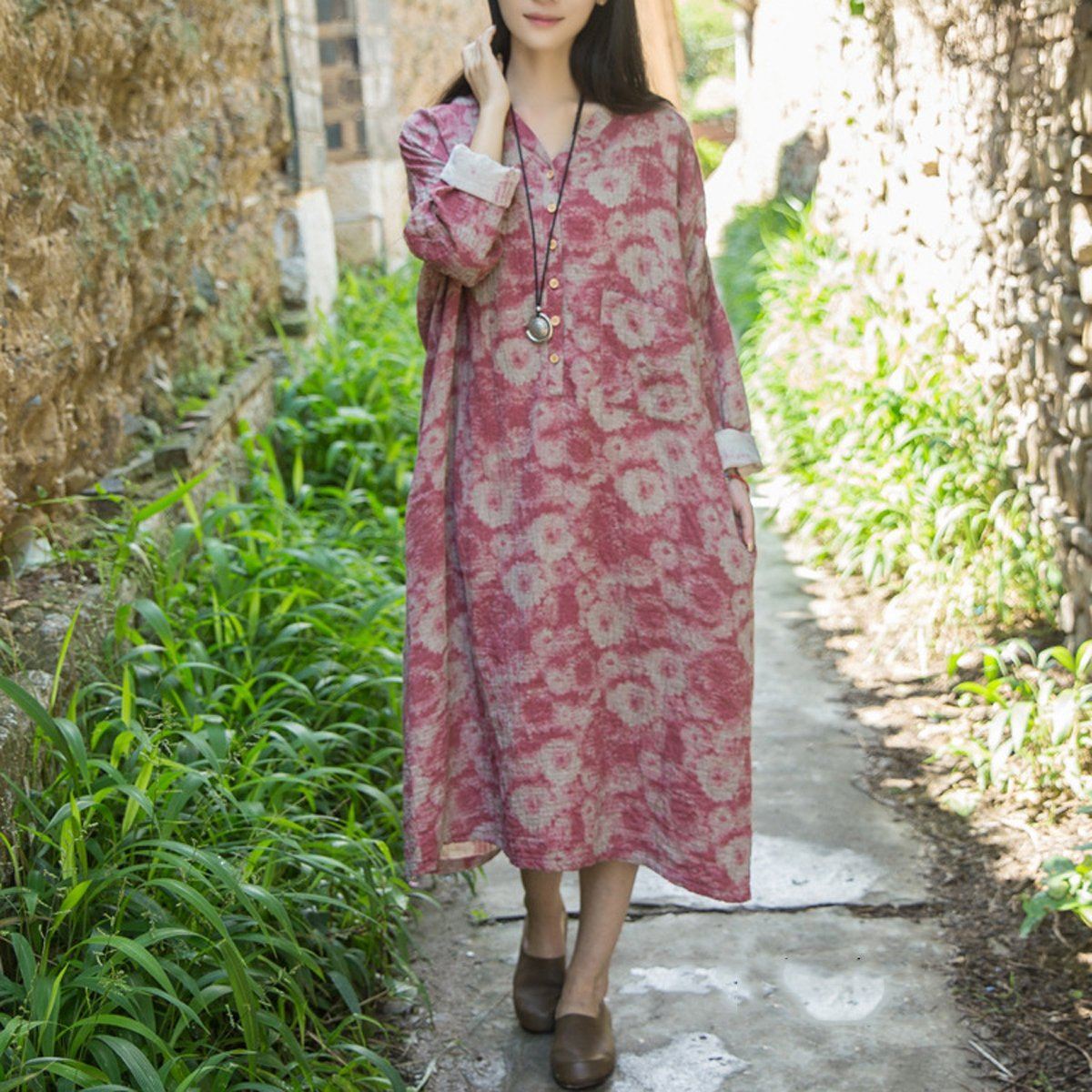Cotton Linen Loose Fitting Dress Red / Blue