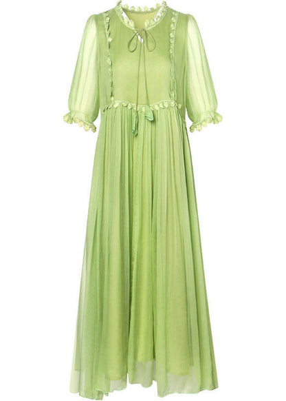 Green Color Lace Up Wrinkled Chiffon Dress Half Sleeve