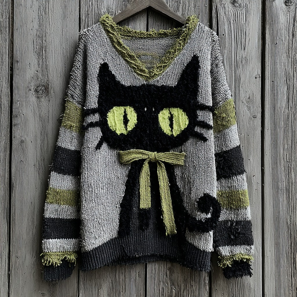 Halloween Black Cat Striped Knit V-neck Sweater artswardrobe