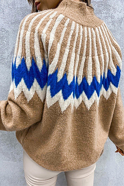 Geometric Patchwork Contrast Turtleneck Tops(4 Colors)