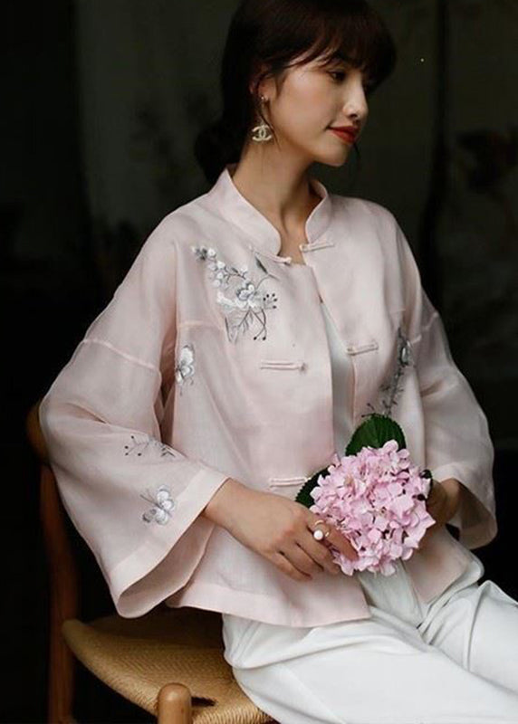 Pink Stand Collar Embroidered Button Top Long Sleeve