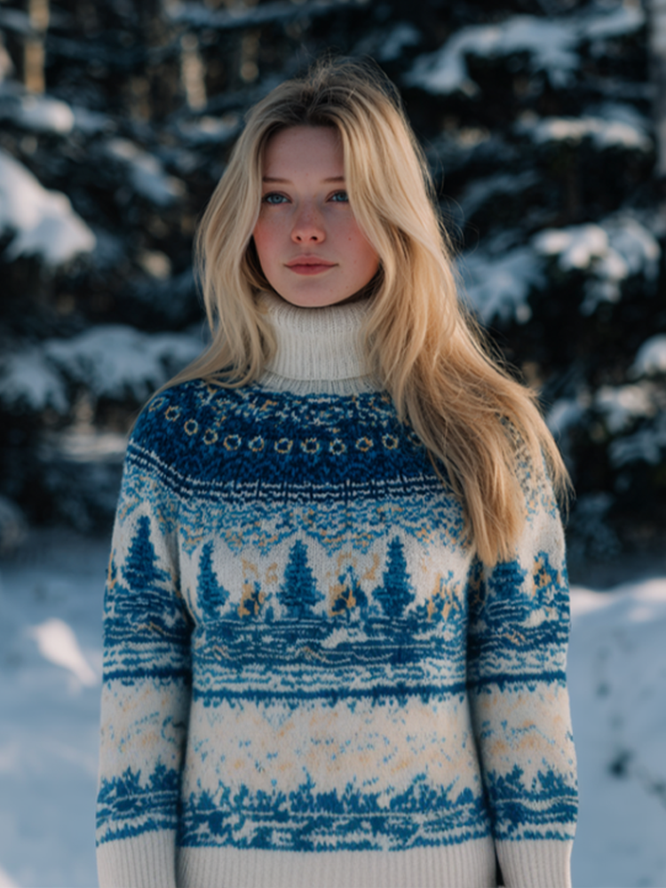 Comstylish Women's Winter Snow And Ice Forest Design High Neck Tight Knit Sweater