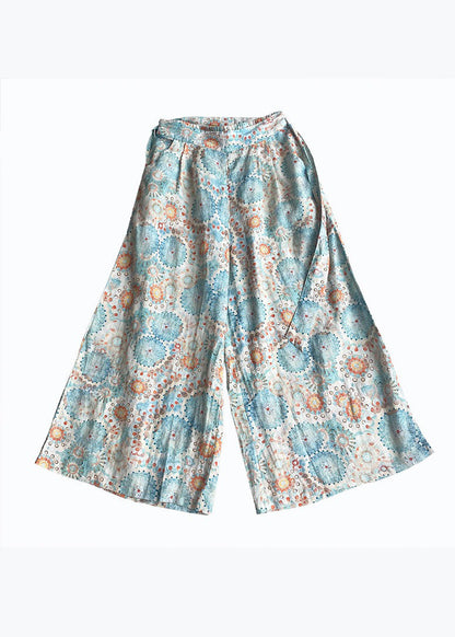Photo Color Pockets Print Linen Wide Leg Pants Summer