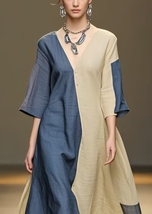 Colorblock Asymmetrical Patchwork Cotton a Line Dress Summer