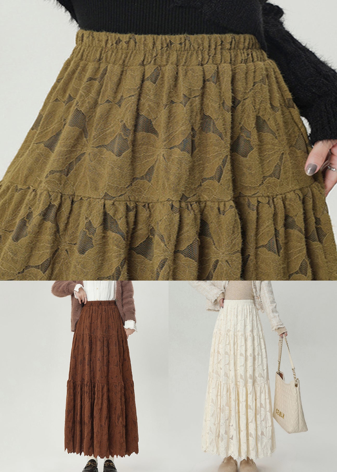 Stylish Apricot Lace High Waist Warm Fleece Maxi Skirts