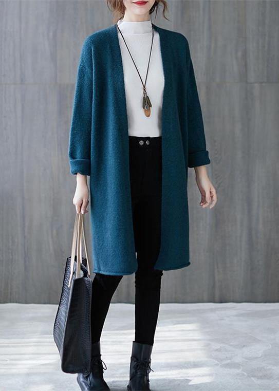 Winter Blue Knitted Outwear Clothing Fall V Neck Knitted Coat