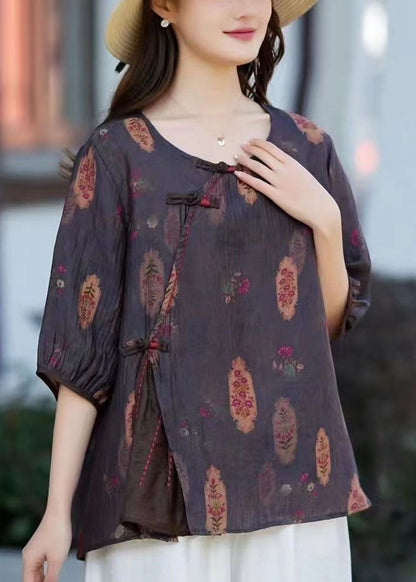 Camel O Neck Print Chinese Button Patchwork Cotton T Shirt Summer