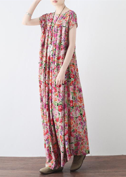 New Pink Prints Linen Caftans Big Hem Linen Maxi Dress Short Sleeve Maxi Dresses
