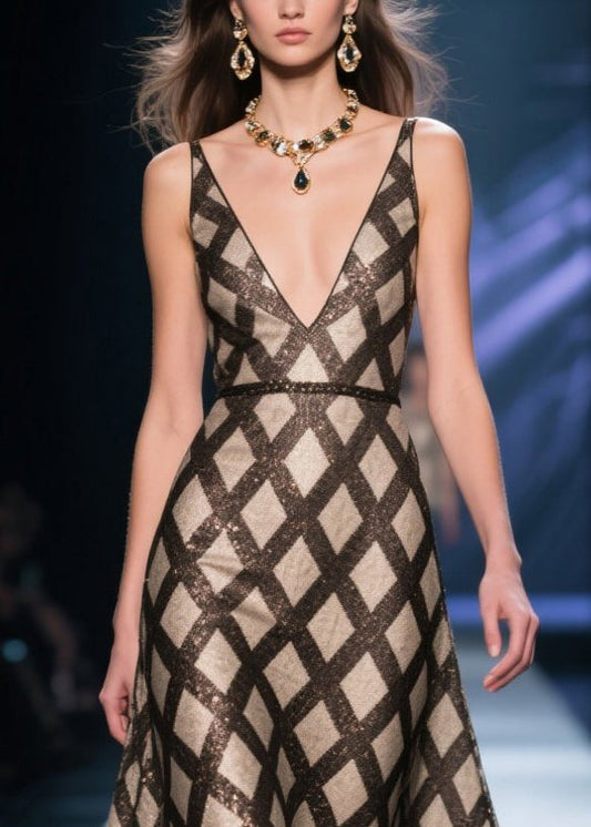 Black Deep-v Neck Plaid Silk Evening Dress Summer