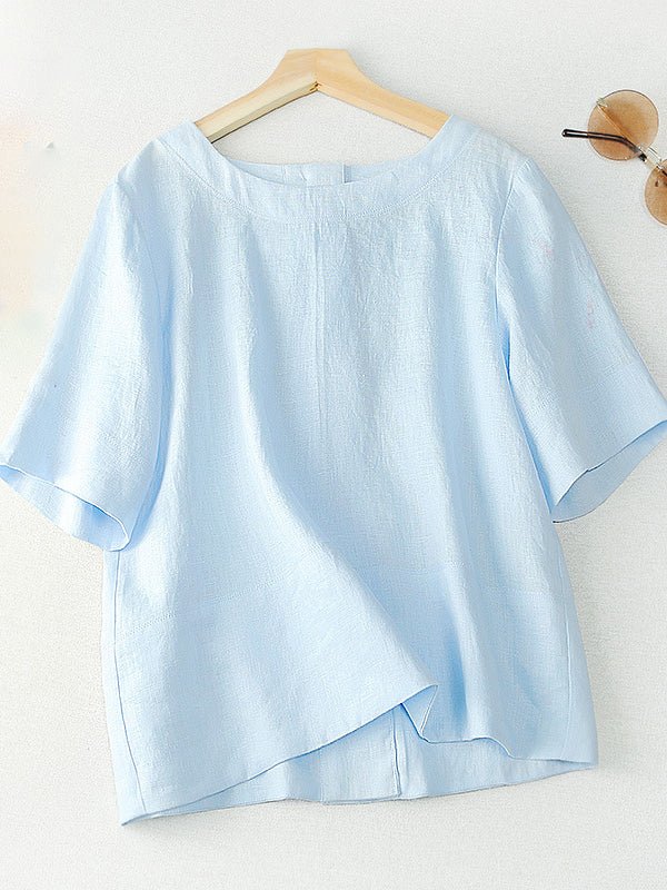 Color V Neck Short Sleeve Linen Shirt Top