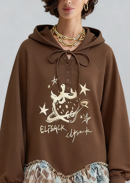 Coffee Hooded Print Tulle Patchwork Sweatshirt Dresses Spring