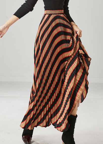 Coffee High Waist Striped Spandex Pleated Skirts Spring