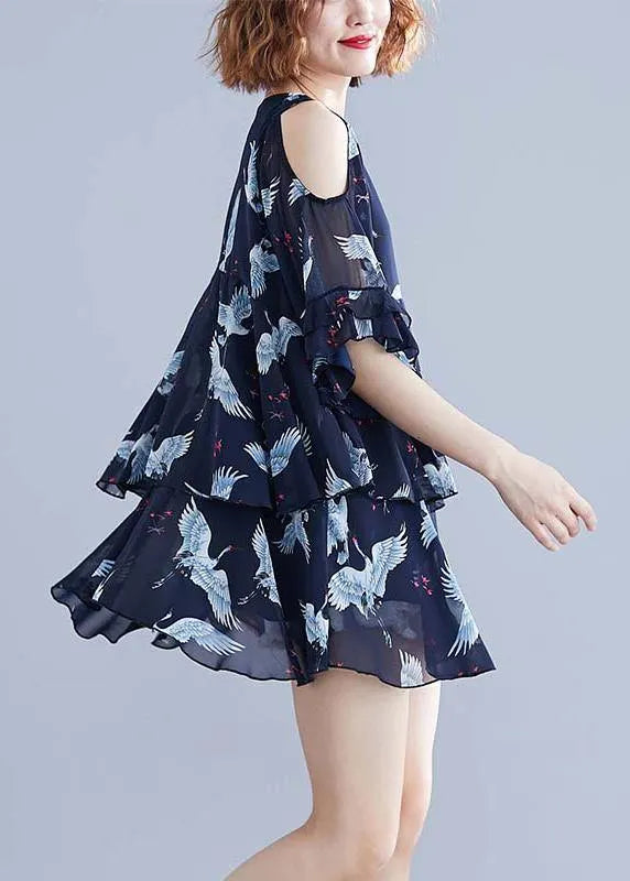 Navy Print Chiffon Dresses Outfits V Neck Ruffles Summer Dresses