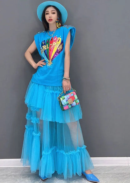 French Blue Applique Ruffled Patchwork Tank Top and Handmade Tulle Skirt Two Pieces Set Summer