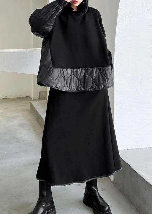 Retro Winter Black Patchwork Sweater Skirt Two Piece Set