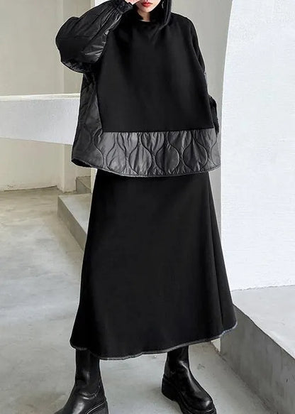 Retro Winter Black Patchwork Sweater Skirt Two Piece Set