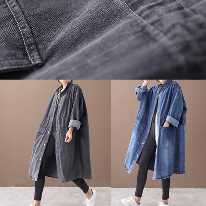 Simple Stand Collar Drawstring Tunic Coat Denim Black Midi Coats