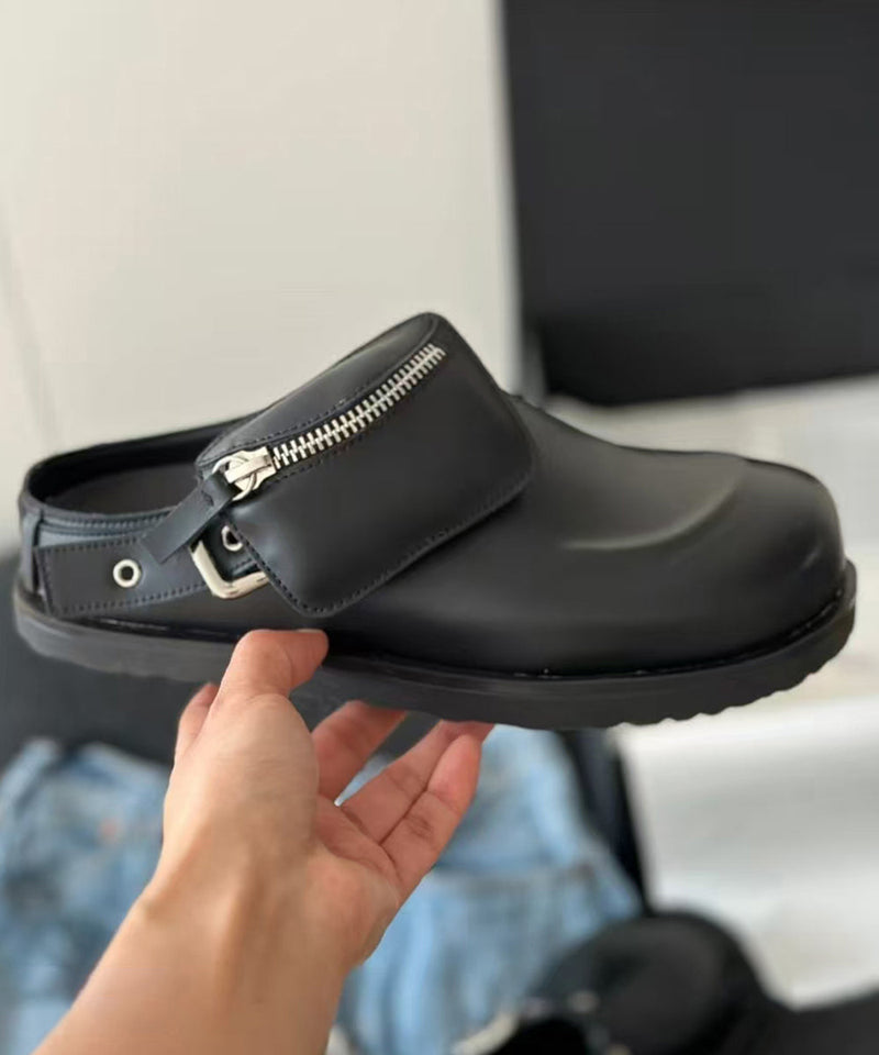 Splicing Platform Black Cowhide Leather Slide Sandals