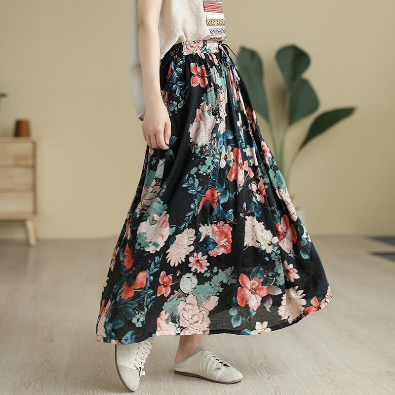 Literary Tencel Linen Print Slim A-line Skirt
