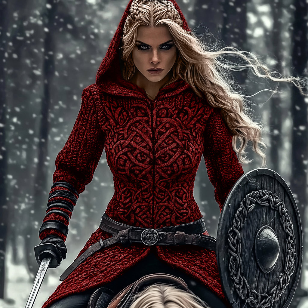 Women's Viking Tribal Jacquard Celtic Chunky Knit Zip-up Hooded Sweater artswardrobe