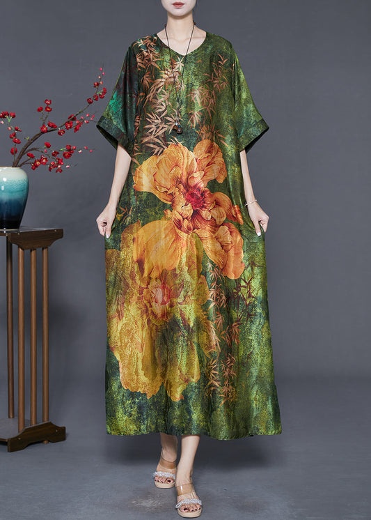 Green V Neck Print Silk Robe Dresses Summer