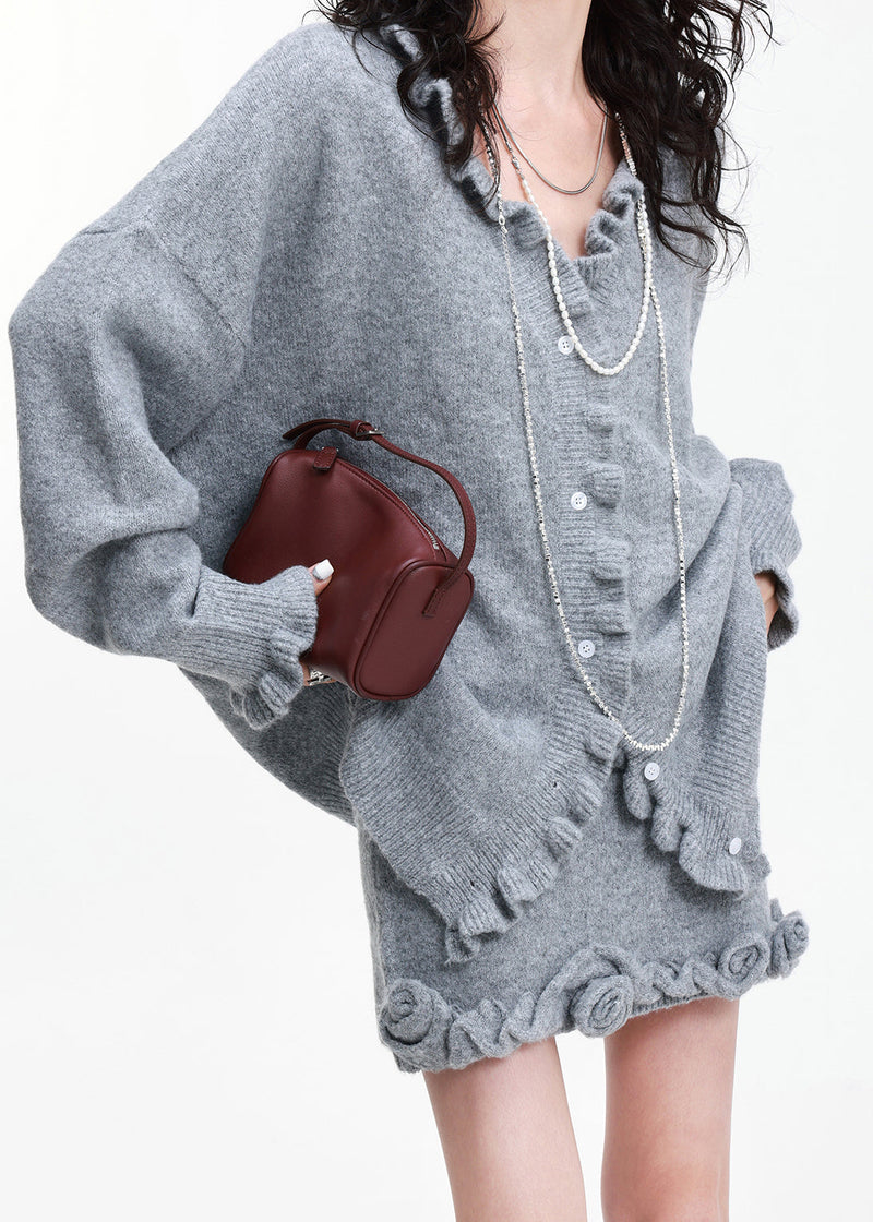 Grey Ruffled Flower Decorated Knit Cardigan and Skirt 2 Piece Outfit Winter