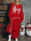 Retro-chic Letter Pattern Holiday Limited Edition Red Sweater And Skirt Set