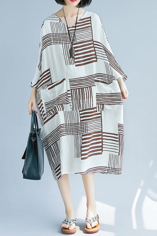 Italian O Neck Pockets Chiffon Quilting Clothes Runway Brown Oversized Dress Summer