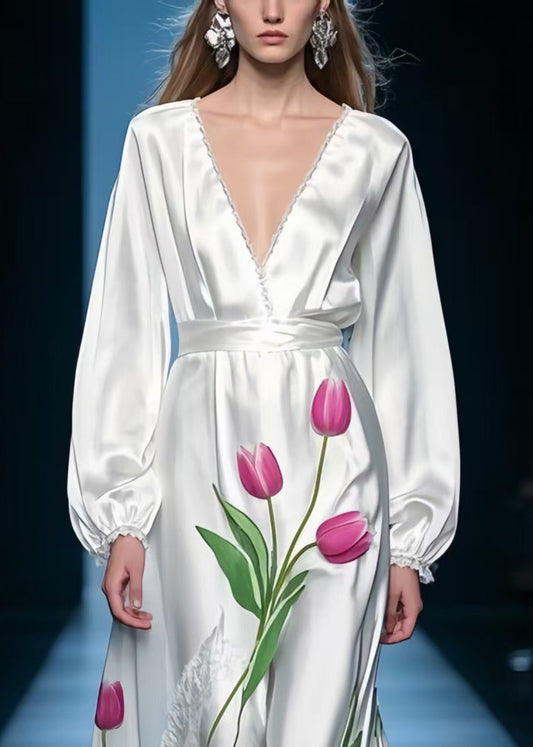 French White V Neck Silk Holiday Dress Spring