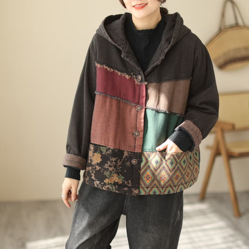 Padded Thick Loose Colorblock Denim Jacket
