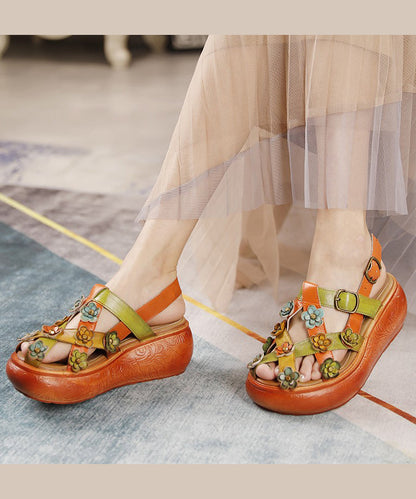 Retro Hollow Out Platform Sandals Yellow Cowhide Leather