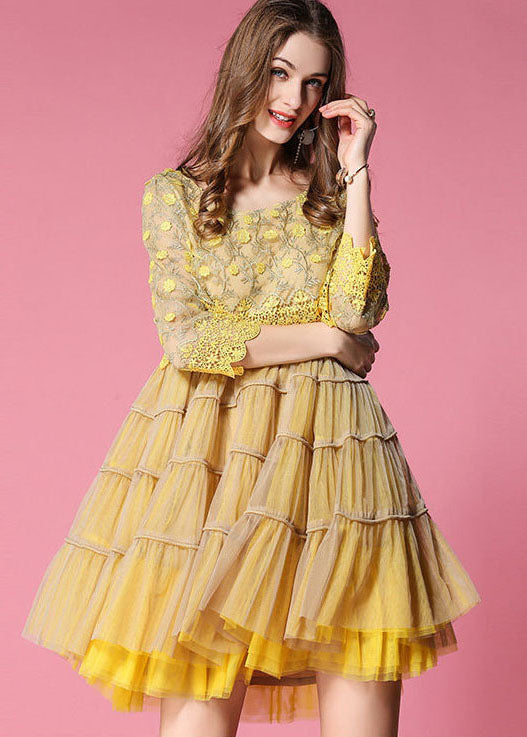 Yellow Embroideried Lace Patchwork Tulle Dress Bracelet Sleeve