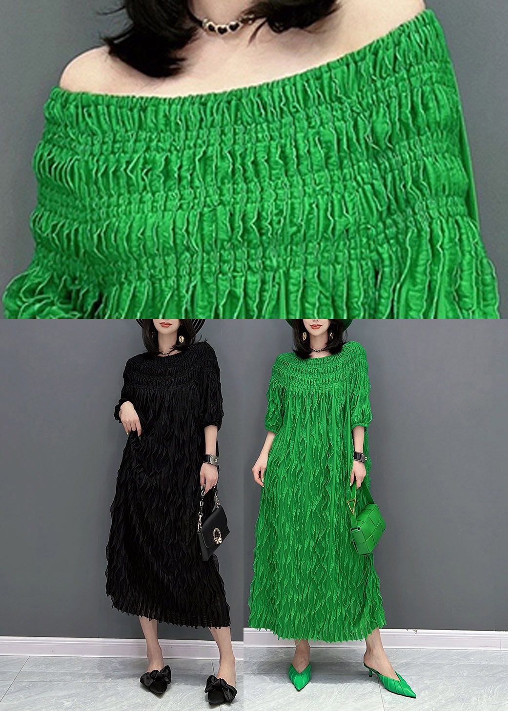 Unique Green O-neck Wrinkled Silk Dresses Half Sleeve