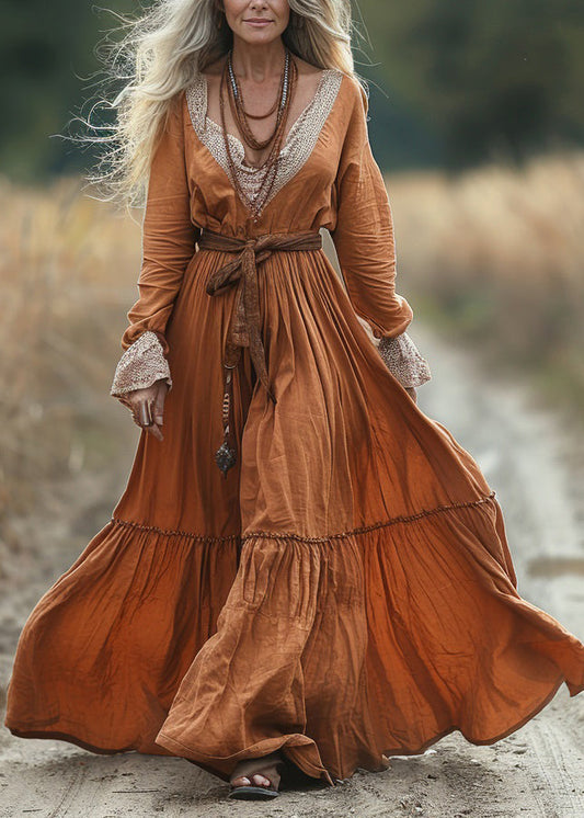 Pastoral Style V-neck Lace Patchwork Long Dress Spring