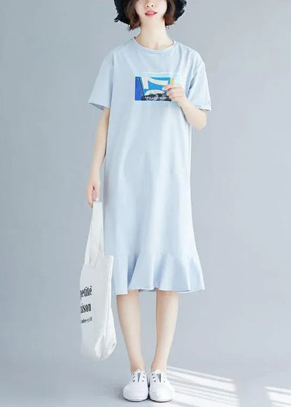 100% Blue Prints O Neck Cotton Dress Ruffles Hem Robe Summer Dresses